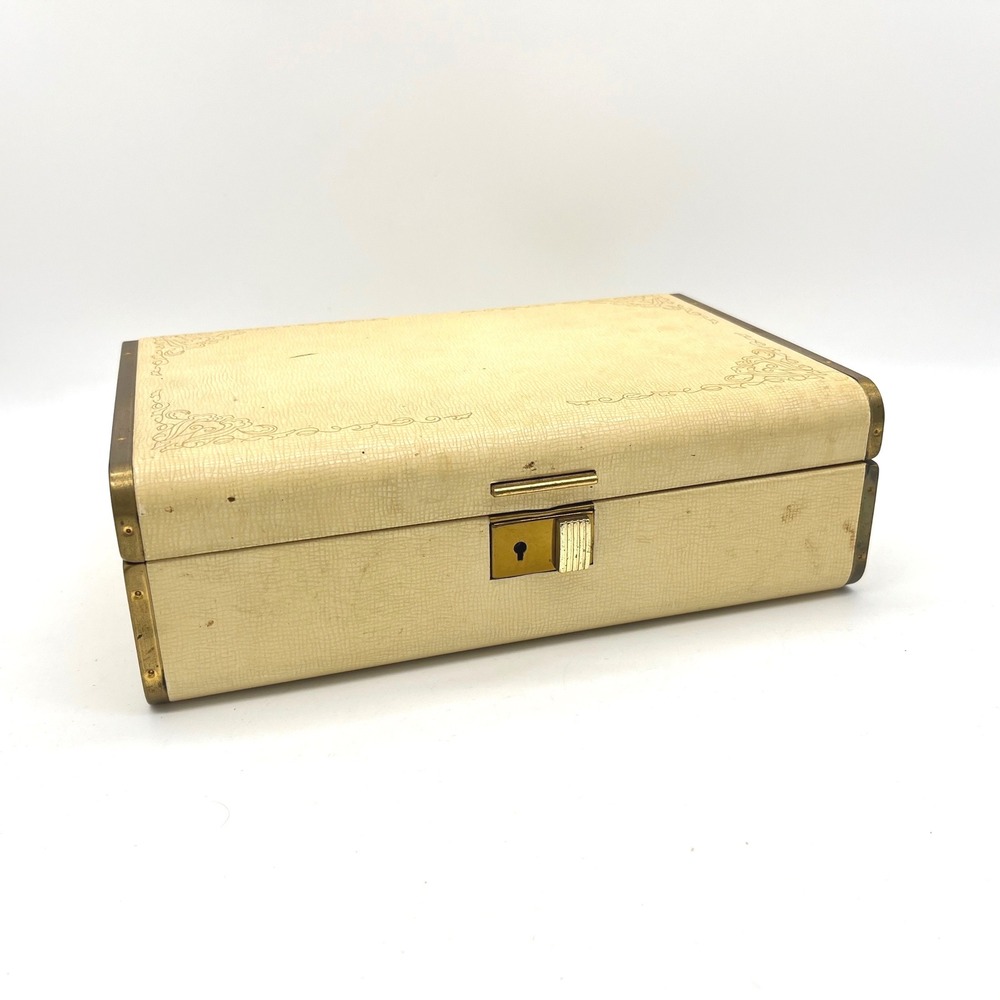 Vintage Farrington Jewelry Box Cream Faux Leather Gold Scrollwork Purple Velvet